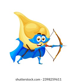 Cartoon Italian tortellini pasta superhero character, vector funny cute food. Tortellini pasta super hero or archer with arrow bow in blue power cape cloak as comic guardian warrior