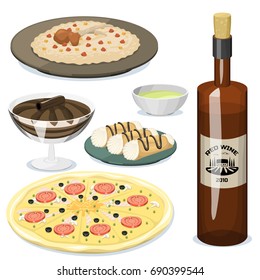 Cartoon Italy food cuisine delicious homemade cooking fresh traditional Italian lunch vector illustration.