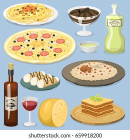 Cartoon Italy food cuisine homemade cooking fresh traditional Italian lunch vector illustration.