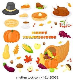 Cartoon items for Thanksgiving day celebration isolated on white background.