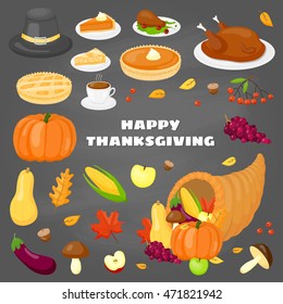 Cartoon items for Thanksgiving day celebration isolated on chalkboard background.