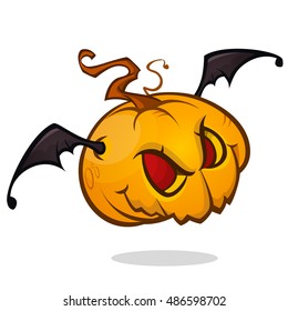 Cartoon jack o lantern with bat wings flying and screaming. Vector Halloween illustration isolated