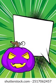 Cartoon Jack O' Lanterna com balão em branco, história em quadrinhos Halloween Pumpkin fundo. Quadrinhos vetoriais retrô com design de arte pop.