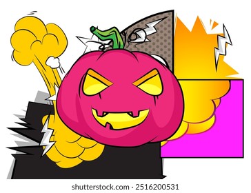 Cartoon Jack O' Lantern, comic book Halloween Pumpkin. Retro vector comics pop art design.