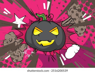 Cartoon Jack O' Lantern, comic book Halloween Pumpkin. Retro vector comics pop art design.