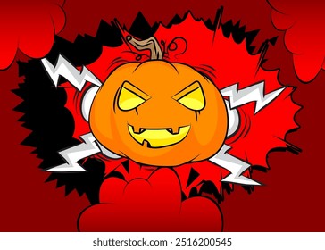 Cartoon Jack O' Lantern, comic book Halloween Pumpkin. Retro vector comics pop art design.