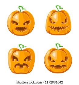 Cartoon jack o lantern halloween decoration pumpkin scary faces smile emoji icons set isolated design vector illustration
