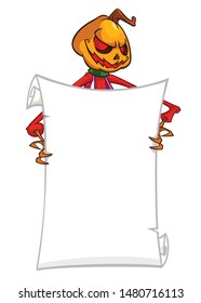 Cartoon jack o lantern pumpkin head holding blank empty scroll paper for text. Halloween illustration