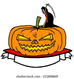 Cartoon of a jack o lantern pumpkin head with a Grim Reaper for Halloween concept. 