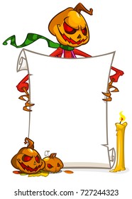 Cartoon jack o lantern pumpkin head holding blank paper scroll for text. Halloween illustration