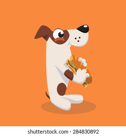 Cartoon Jack Russel Dog Eating Sandwich. Vector Illustration