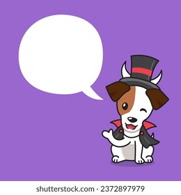 Cartoon jack russell terrier dog with halloween costume and speech bubble for design.