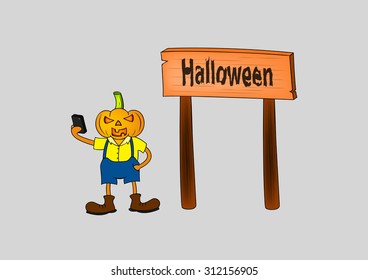 Cartoon of Jack selfie with Halloween board,vector illustration