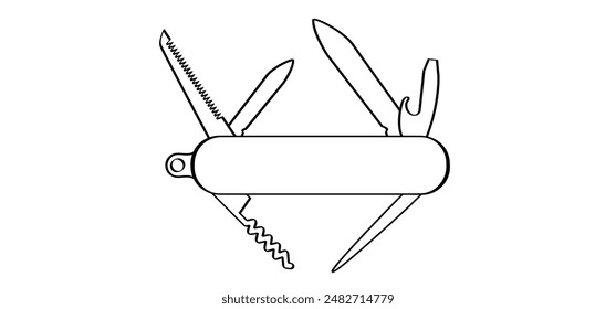 Cartoon jackknife multitool, tools. Pen knife icon. Clasp knife sign. Corkscrew or bottle screw, knifes, saw, screwdriver and bottle opener. survival, travel, picnic, camping tool. Pocketknife blade. 