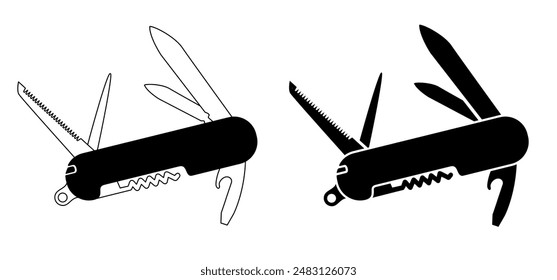 Cuchillo de dibujos animados multiherramienta, herramientas. Icono de navaja. Signo de cuchillo de cierre. Sacacorchos o botellas, cuchillos, sierra, destornillador y abridor de botellas. supervivencia, viaje, picnic, herramienta de camping. Cuchilla de bolsillo.