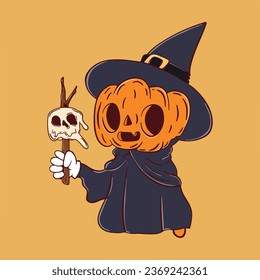 Cartoon Jackpumpkin head holding marshmallows halloween on brown background good for sticker, poster, t-shirt, etc