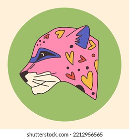 Cartoon jaguar head vector illustration on abstract background. Trendy design. Colorful hand drawn wild cat print for t shirt, poster, tattooing. Funny сheetah, isolated.