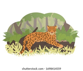 Cartoon Jaguar liegt auf einem Baum im Dschungel. Stockillustration der Vektorillustration. Regenwaldbewohner.