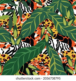Cartoon Jaguar and Palm Vector Seamless Pattern. African Tiger and Leaves Print. Tropical Illustration. Cheetah Bright Exotic Background.