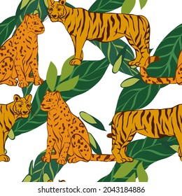 Cartoon Jaguar and Palm Vector Seamless Pattern. Exotic Cheetah Illustration. Abstract Background. Tiger and Leaves Bright Wild Print.