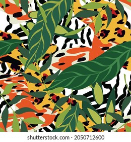 Cartoon Jaguar and Palm Vector Seamless Pattern. Fabric Leopard and Leaf Print. Summer Background. Tiger and Leaves Bright Abstract Illustration.
