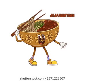 Cartoon jajangmyeon bowl Korean cuisine food character with a smiling face, holding chopsticks. Isolated vector playful restaurant dish filled with noodles and vegetables, fun and cultural personage