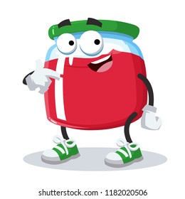 cartoon jam in glass jar mascot showing himself on a white background