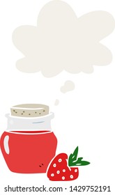 caricatura jam jar con burbuja de pensamiento en estilo retro