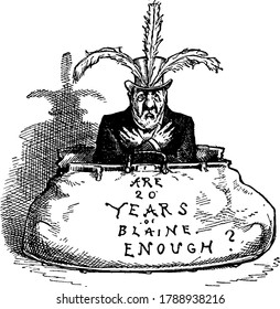 Cartoon von James Gillespie Blaine, war ein amerikanischer Staatsmann und republikanischer Politiker, Vintage-Linien-Zeichnen oder Gravierungsgrafik.