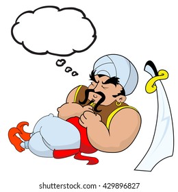 cartoon of Janissary warrior with thought bubble sleeping