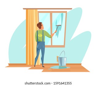 Cartoon janitor or cleaner character in uniform. Man cleaning window with special scraper wiper tool. Household and housekeeping. Basket with water and rag. Domestic work. Vector flat illustration