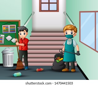 Cartoon A Janitor Man Cleaning School Hallway