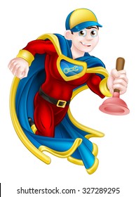 Cartoon janitor or plumber superhero mascot holding a plunger