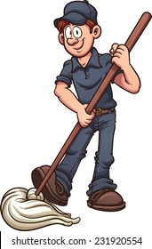 Cartoon janitor. Vector clip art illustration with simple gradients. All in a single layer.