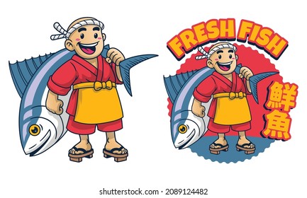 Cartoon Japan Fish Seller With Giant Fish Japanese Text Mean Fresh Fish