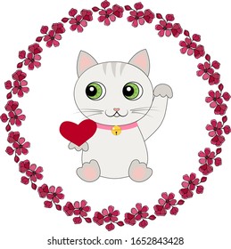 
Cartoon Japan lucky cat maneki neko with heart and cherry blossom wreath. 
Symbol of good luck, wealth and well-being.
Vector illustration for the poster, tee shirt, pillow, home decor.
