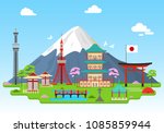 Cartoon Japan Travel Infographic Card Poster Landscape Background Japanese Tourism Concept Flat Design. Vector illustration of Asian Panorama