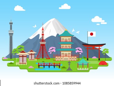 Cartoon Japan Travel Infographic Card Poster Landscape Background Japanese Tourism Concept Flat Design. Vector illustration of Asian Panorama