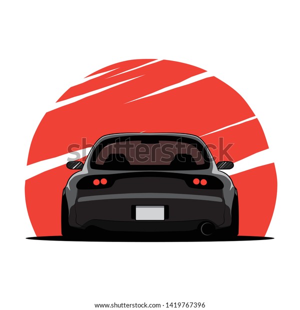 Cartoon japan tuned car on red sun\
background. Back view. Vector\
illustration
