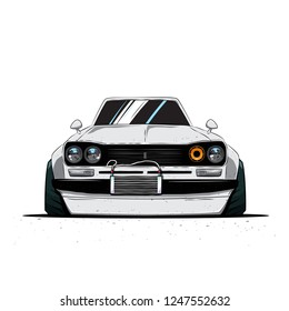 Cartoon japan tuned old car isolated. Front view. Vector illustration