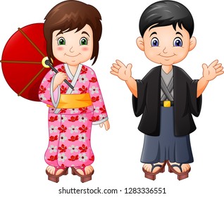 Cartoon Japanese Boy And Girl In Traditional Uniform