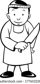Cartoon Japanese Butcher Holding Knife Viewed from Front Black and White