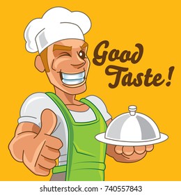 Cartoon Japanese chef with happy smiling holding dish - vector mascot character 