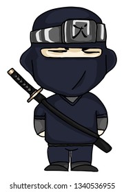 A cartoon of Japanese or Chinese ninja warrior with sword in back vector color drawing or illustration 