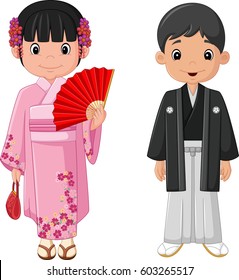 Cartoon Japanese couple wearing traditional costume