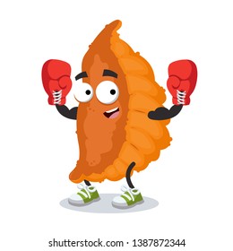cartoon japanese dumpling roasted gyoza mascot in red boxing gloves on white background