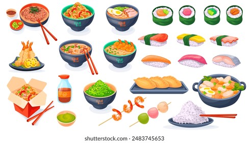 Cartoon japanese food collection. Asian cookery rice delicious dish plate, chinese korean cuisine healthy seafood tempura sushi salmon oden japan mustard, neat vector illustration