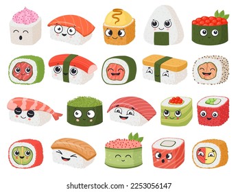 Cartoon japanese food funny mascots. Cute asian dishes, sushi and onigiri with face emotion expression flat vector illustration set. Asian cuisine cute characters