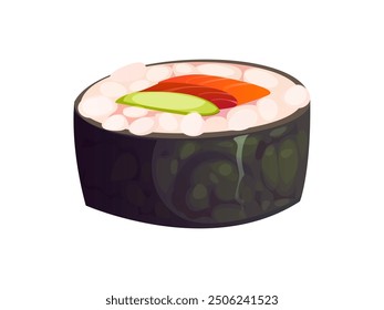 Cartoon japanese futomaki sushi roll with salmon fish and avocado, wrapped in a sheet of nori. Isolated vector Japan food with colorful fillings offer tempting glimpse of the delicious flavors within