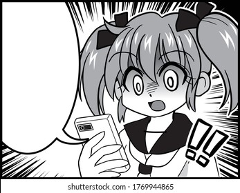 Cartoon of a Japanese girl in uniform with twin tails operating a smartphone